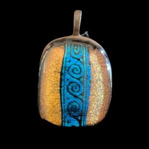 NWOT Vibrant Amber/Ultramarine Dichoric Glass Pendant with Bronze Enamel…